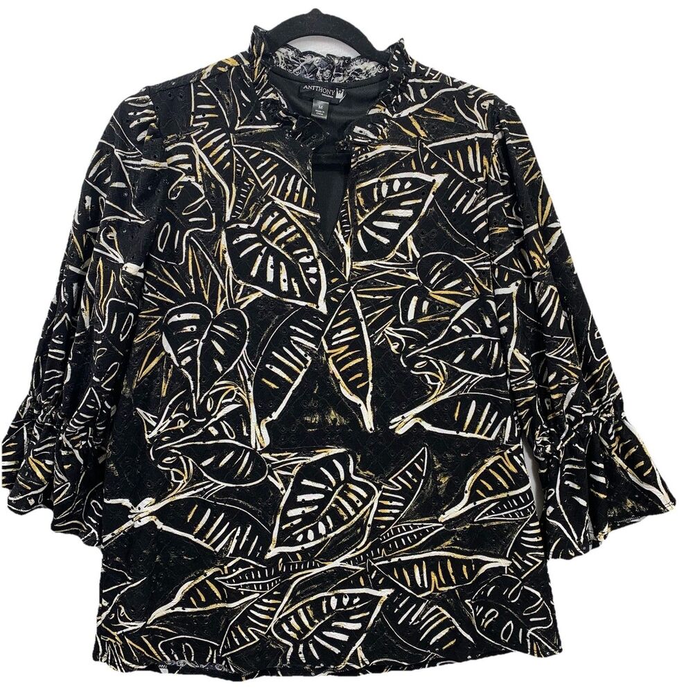 Antthony Original Blouse Womens M Black‎ Gold Tropical Leaf Eyelet Ruffle TE5506